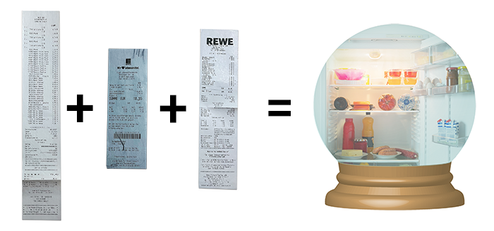 Addition of receipts, crystal ball showing an opened fridge