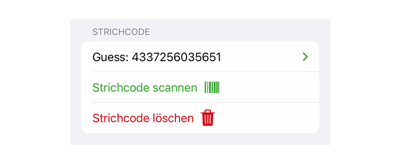 Bildschirmfoto: Barcode löschen oder neu scannen in What's Left