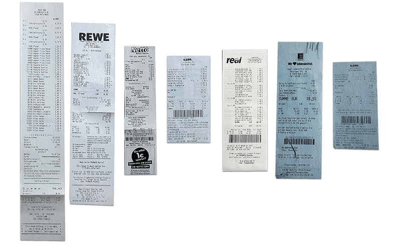 different supermarket receipts of different sizes and format