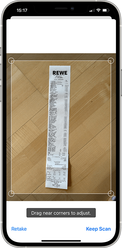 Manual Scan : rectangle over the receipt