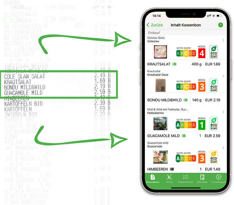 Screenshot: after scanning a receipt, the different scores are being displayed in the receipt in What's Left