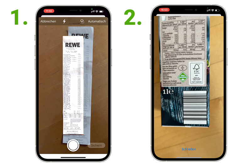 Screenshots of the app What's Left: receipt and barcode scanning