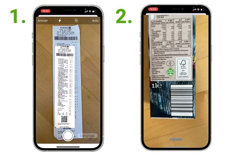 Captures d'écran de l'appli What's Left: scan du ticket de caisse et scan d'un code-barre